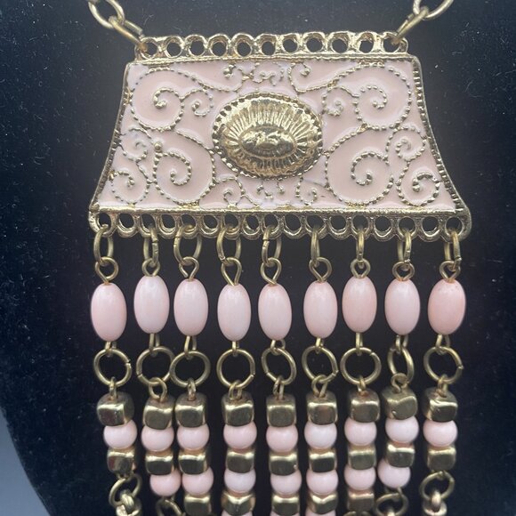 Victorian Style Bib Necklace Pink Enamel Panel Beaded Fringe Gold Tone 19" Boho - Picture 3 of 8